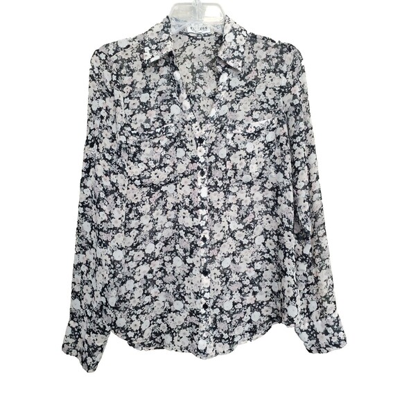 Express Portofino Disty Floral Print Semi-Sheer Roll-Tab Sleeve Button-Up Top M - Picture 1 of 5